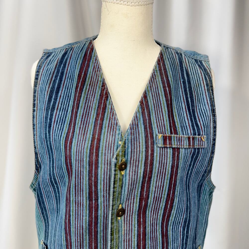 90s Multicolor Stripe Vest Small Denim Boho Indie Button Hippie Western Festival - Picture 16 of 16